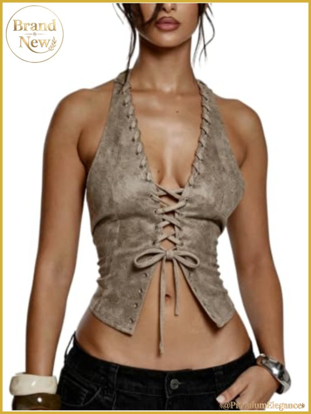 Women's Faux Leather Lace Up Halter Tank Top Sleeveless Deep V Neck Crop Top